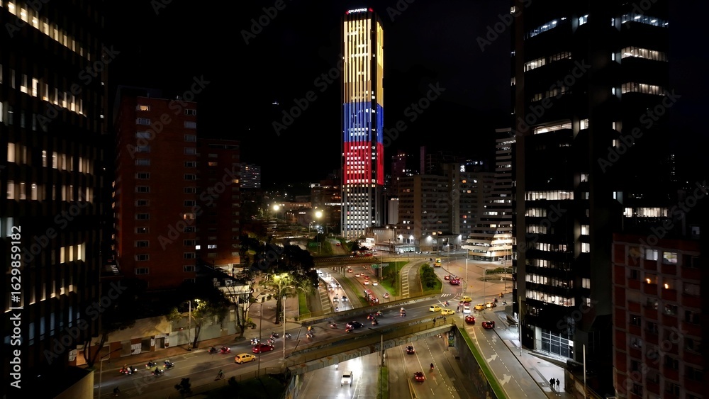 Fototapeta premium Night Bogota Skyline In Bogota Cundinamarca Colombia. Modern City Center With Skyscrapers Reflecting The Urban Life. Building Infrastructure Landscape Buildings Vibrant. Infrastructure Corporate.