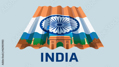 India flag with ashoka chakra and india gate monument in a stylized patriotic representation