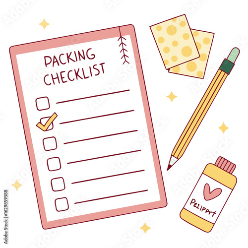 Cute Travel Packing Checklist with Pencil and Sticky Notes, Trip Preparation Concept. Perfect for: Packing Tips, Travel Prep, Vacation Planning