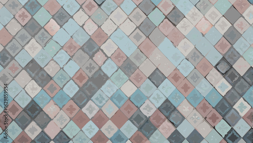 Artistic mosaic of square tiles in pastel colors arranged diagonally across the entire visual space