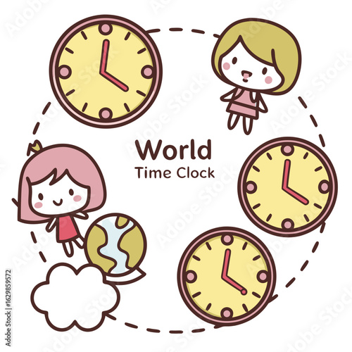 Cute World Time Clock Showing Multiple Time Zones, Global Travel Concept. Perfect for: Jet Lag Guides, Global Business, Travel Apps