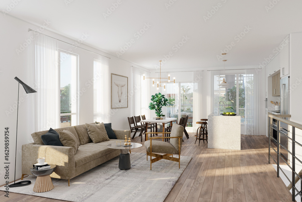 Fototapeta premium Modern Open-Concept Living Room and Kitchen with Scandinavian Decor and Natural Light