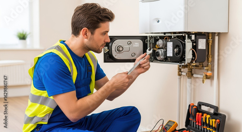 Professional technician repairing gas boiler, ensuring safe and efficient operation. Gas boiler maintenance requires skilled worker for inspection and fix ensuring optimal functioning.