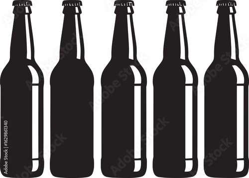 multiple beer bottles silhouette vector, set of various wine bottles on white background