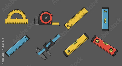 Illustration showcasing essential measuring and leveling tools for construction and design