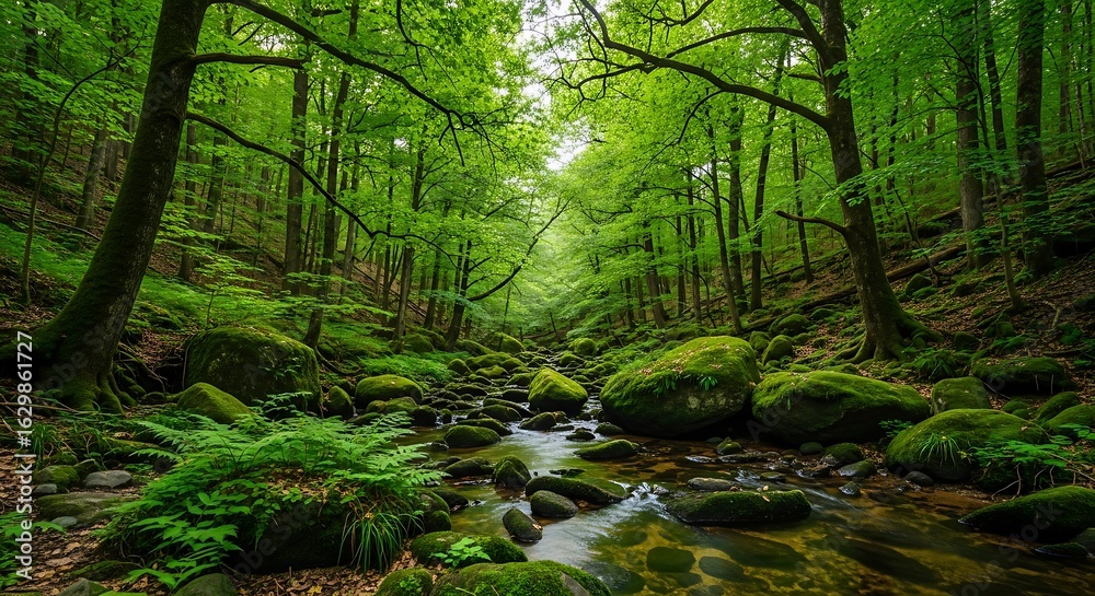 Fototapeta premium Photo of tranquil stream flowing through a lush green forest with mossy rocks