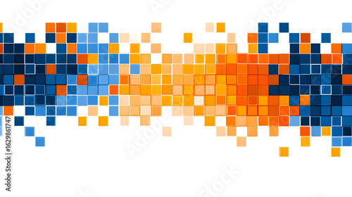 Blue and orange abstract pixel blocks in square pattern, isolated on white