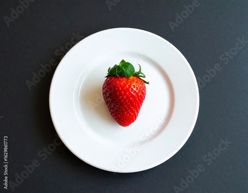 Single Strawberry on White Plate with Dark Background  