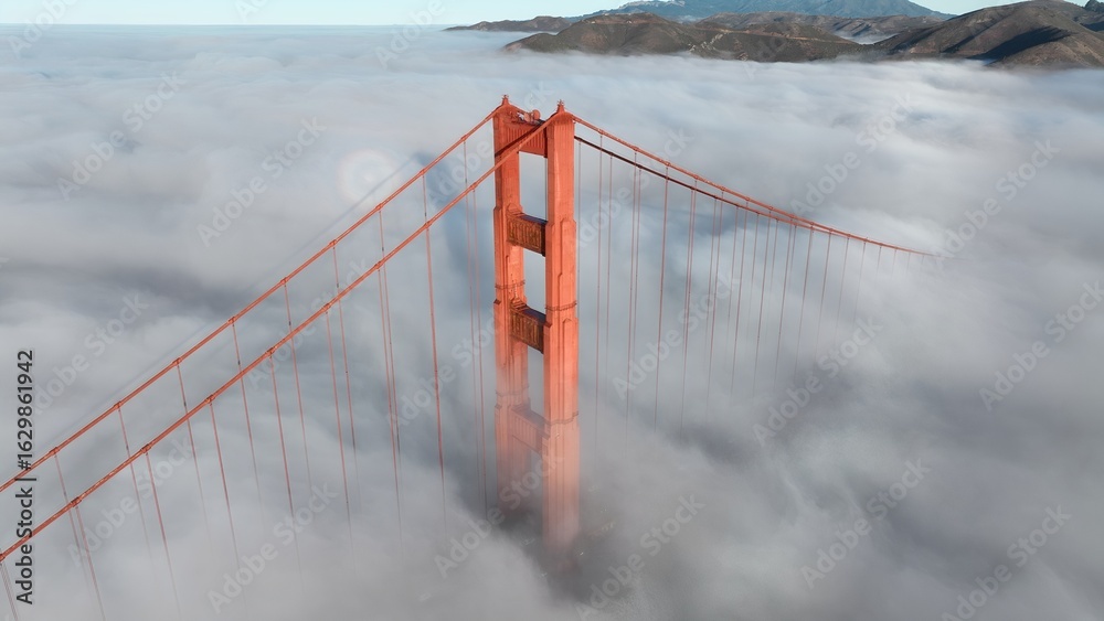 Obraz premium Golden Gate Bridge Aerial In San Francisco California United States. Iconic Structure Of Bridge Connecting Landmarks Streets. Town Sky Backgrounds Urban. Outside Backgrounds Up Above.