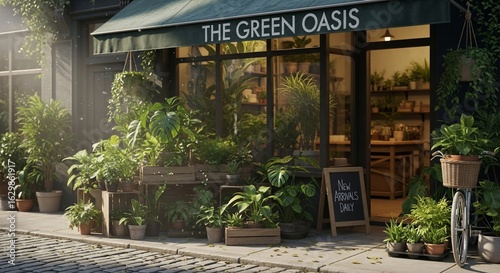 Lush Green Oasis Plant Shop Exterior with Bicycle and New Arrivals Sign