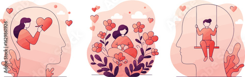 Modular emotional wellness illustration set featuring introspective characters inside head profiles engaged in drawing hearts, picking flowers, and swinging in calm environments