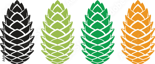 Four Stylized Hop Cones in Black Green and Orange Colors plant ingredient