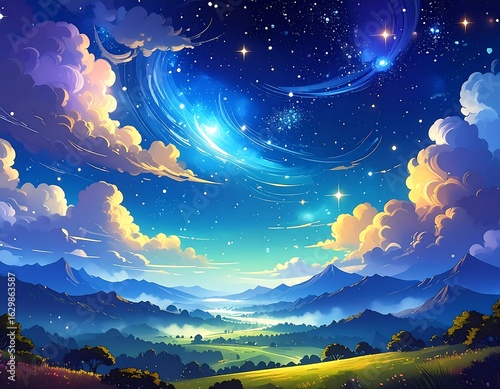 Starry landscape with clouds