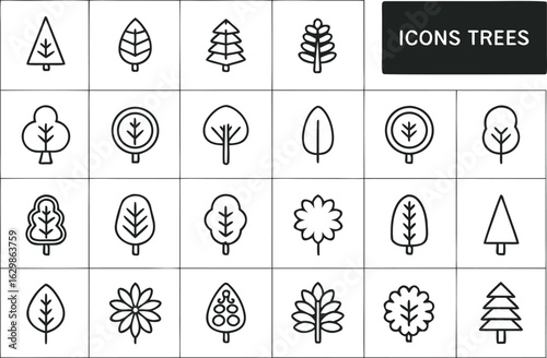 Twenty-two Line Art Icons of Various Tree Types and Leaves leaf plant