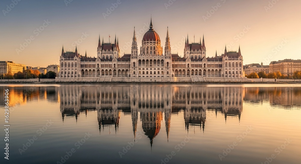 Fototapeta premium Majestic Hungarian Parliament Building reflected in calm Danube River at sunrise