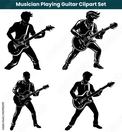 Guitarist Silhouette Clipart Set Rock Musician Playing Guitar Editable Black Graphics