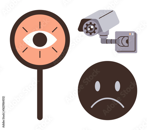 Surveillance camera, magnified eye on stick, and sad face express themes of observation, privacy, awareness, technology, monitoring, data protection emotions. Ideal for security awareness