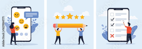 User feedback stages illustration set showing emoticon-based satisfaction rating, five-star review process, and checklist-style evaluation interface on mobile devices