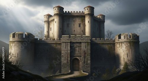 Majestic stone castle with multiple towers and battlements under a dramatic sky