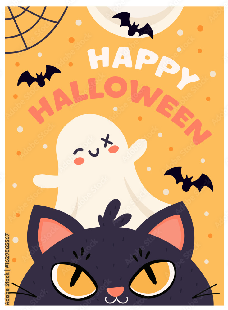 Fototapeta premium Cute Halloween illustration with a smiling ghost, black cat, and flying bats. Bright vector Happy Halloween greeting card with spooky fun festive elements.