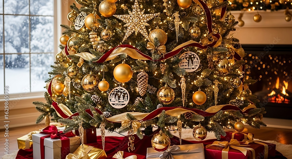 Naklejka premium Festive christmas tree adorned with golden ornaments and gifts, illuminated by a cozy fireplace,