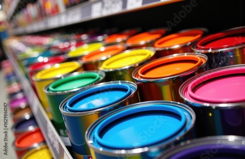 Colorful paint cans arranged on store shelves in various shades of blue, pink, yellow, green, and orange