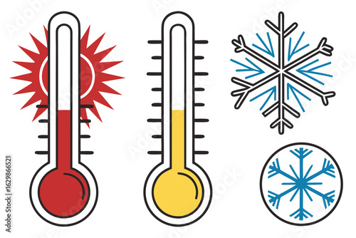 Vector art of thermometers indicating hot and moderate temperatures with snowflakes isolated on white background