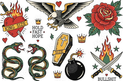 Vintage tattoo-style icon set featuring hearts, flames, daggers, roses, snakes, and eagles—evoking rebellious themes, bold symbolism, and retro Americana grit