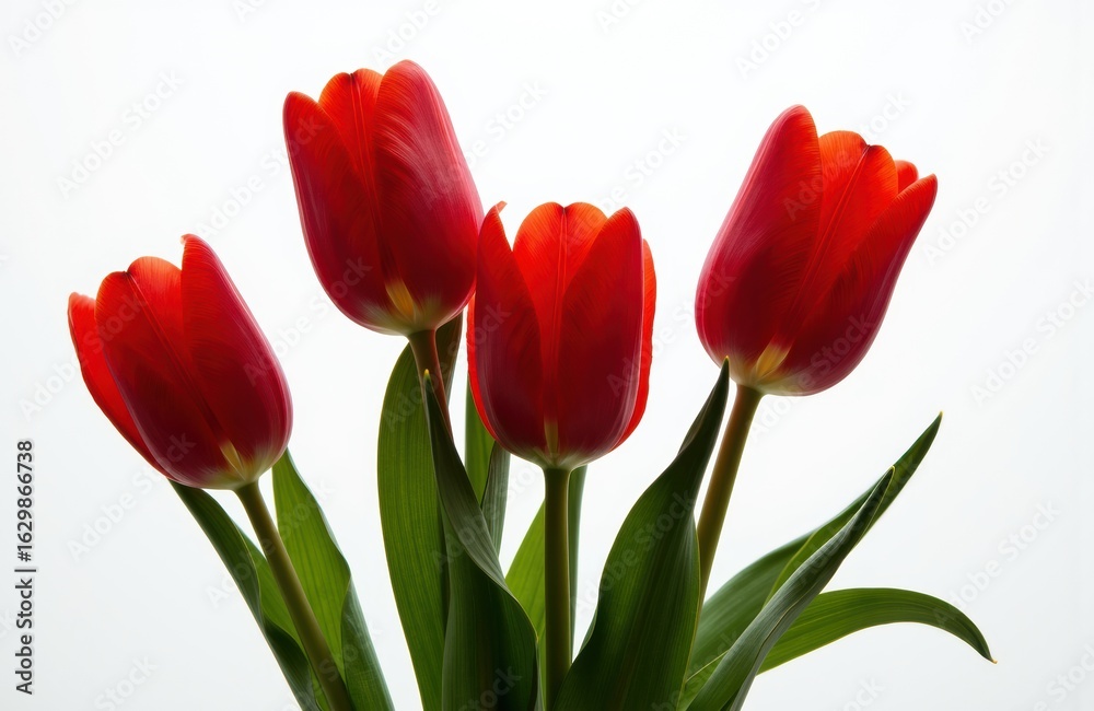 Fototapeta premium Red tulips with green leaves arranged against a white background