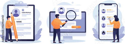 User profile and review illustrations featuring form filling, profile editing with magnifying glass, and mobile app rating interface with star reviews and stylized characters