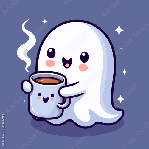 Cute smiling cartoon ghost holding a coffee cup on a purple background, copy space