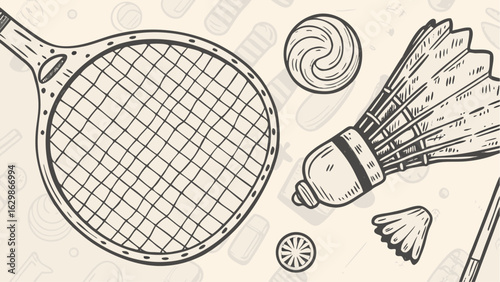 Illustration of a badminton racket, shuttlecock, and other sporting equipment in a sketch style drawing