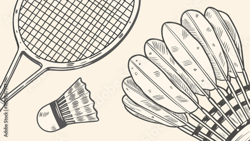 Illustration of a badminton racket with net, shuttlecock, and a cluster of feathered shuttlecocks