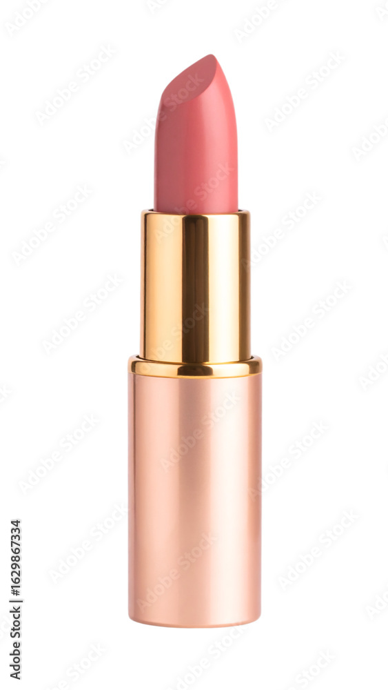 Fototapeta premium Pink lipstick with golden tube, beauty product for makeup, cosmetic accessory for women on transparent background