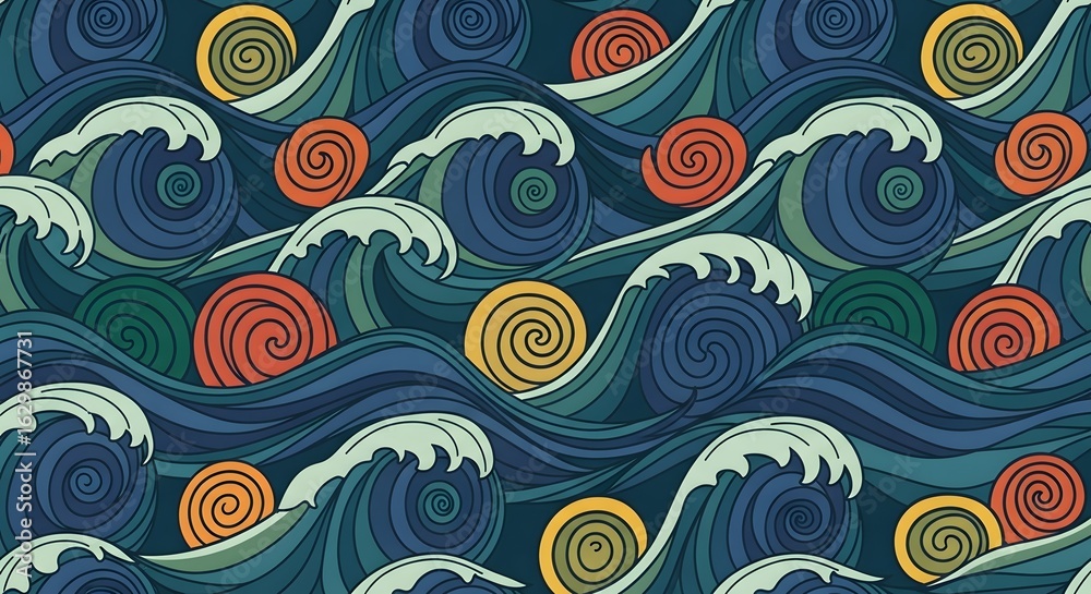 Fototapeta premium Dynamic ocean waves with colorful swirling elements create a vibrant, eye-catching seamless pattern design
