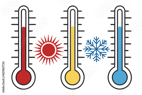 Vector art of three thermometers showing hot, moderate, and cold temperatures isolated on white background