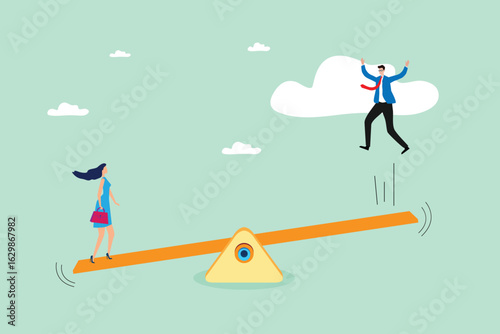 Businessman catapulted to success by a woman on a seesaw business partnership leverage and teamwork
