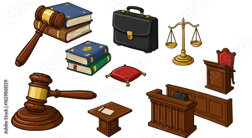Law and justice: Courtroom elements isolated on white background vector image.