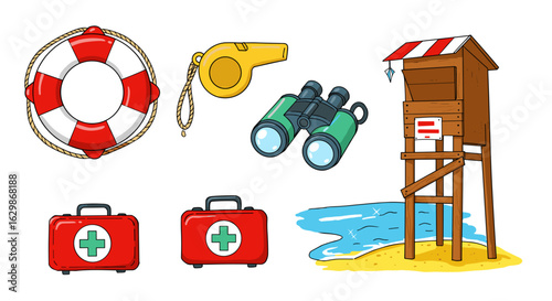 Cartoon beach safety lifeguard icons representing essential equipment and tools.