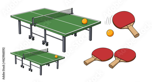 Green ping pong tables and red paddles ready for competition.