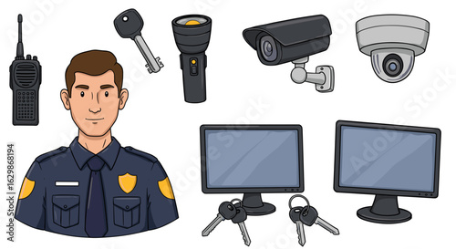 Security guard essentials: walkie-talkie, keys, cameras, monitor and flashlight on white