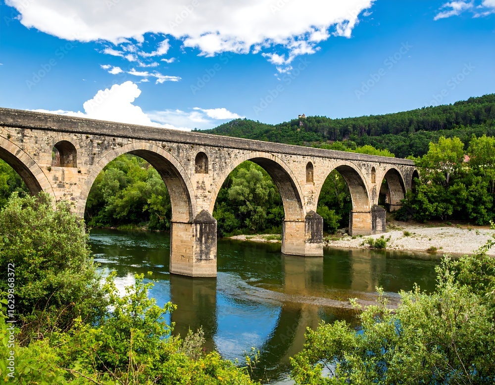 Fototapeta premium Aged stone bridge spanning a river, lush greenery