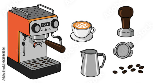 Orange espresso machine with latte art, beans, and barista accessories