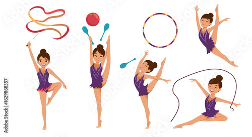 Graceful rhythmic gymnast showcases artistic performance with colorful accessories, vector illustration