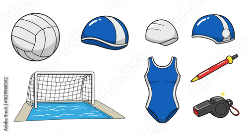 Illustrated water polo set featuring essential gear and equipment cartoon style.