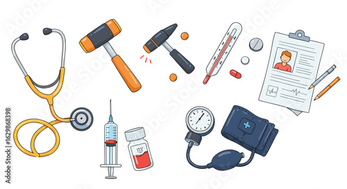 Medical Equipment Illustration: Stethoscope, Hammer, Syringe, Blood Pressure Cuff, Thermometer