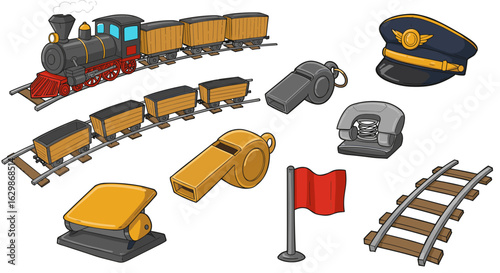 Cartoon train collection with locomotive, railway cars and related accessories.