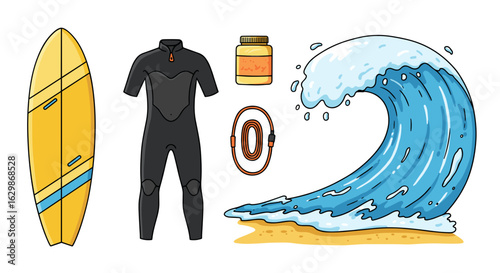Surf's Up: Cartoon Illustration of Surfing Gear and a Breaking Wave