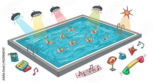 Synchronized swimmers performance cartoon in a pool with vibrant lights.