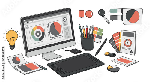 Creative graphic design workspace showcasing digital tools and color palettes illustration